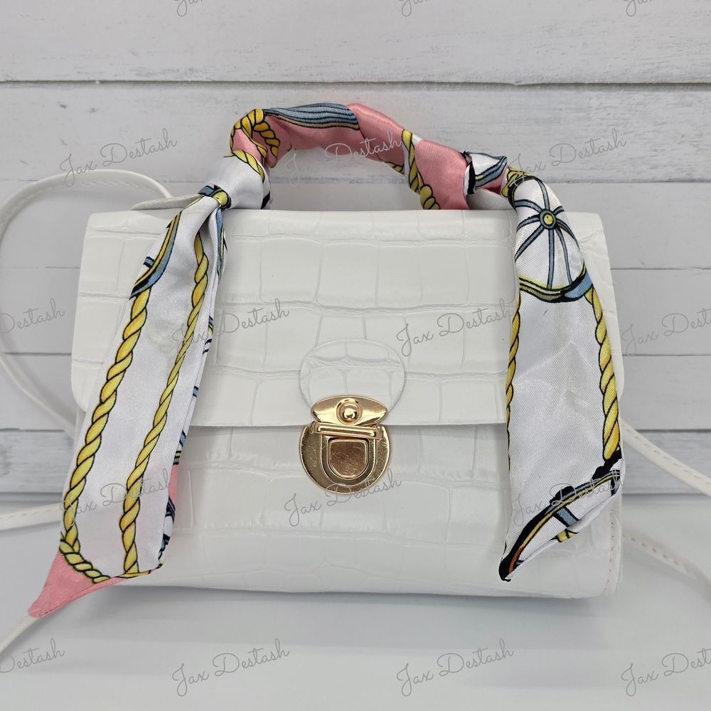 White Croc-Embossed Mini Satchel with Scarf Handle PR47419